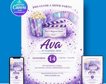 Plantilla de invitación de cumpleaños para noche de cine / Invitación para fiesta de cine / Invitación editable en Canva / Descarga instantánea