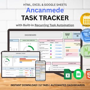May include: A digital task tracker displayed on a tablet, laptop, and smartphone. The interface shows dashboards, variable tasks, and task filters. The text includes "HTML, EXCEL & GOOGLE SHEETS" and "TASK TRACKER". The image also features icons for weekly, monthly, and recurring tasks.