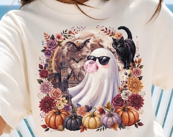 Geist bläst Bubble Gum Png, Pinselstrich-Halloween-Sublimationsdesign, Girly Spukhaus-Shirt-Design, Trendiger Blumenherbst Png