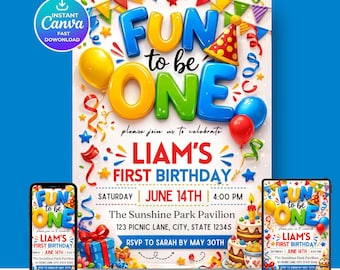 it's fun to be one | Colorful First Birthday Invite | Editable Canva Template | Instant Download