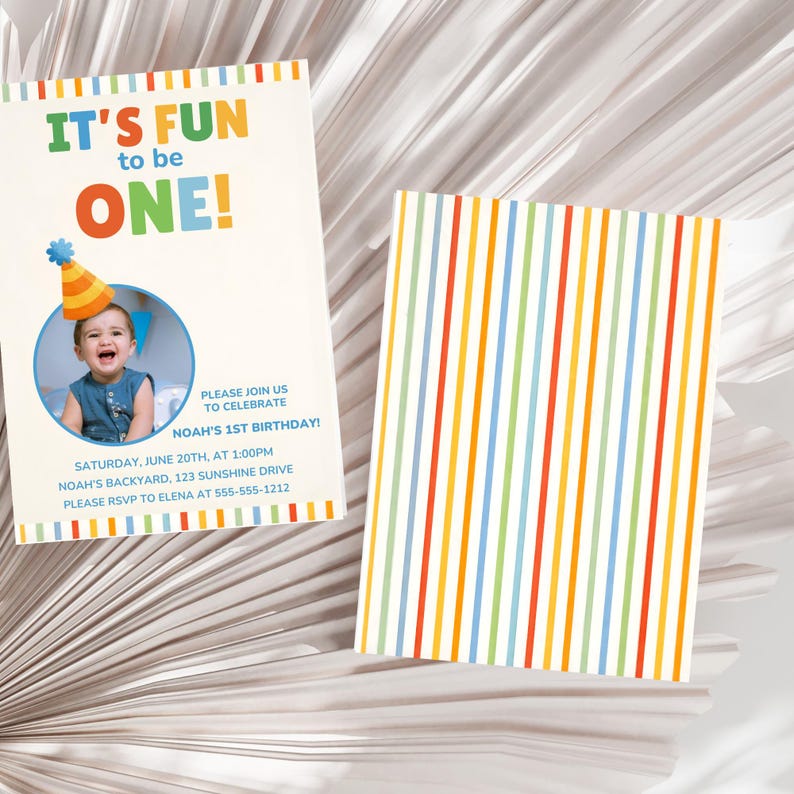 Its Fun To Be One First Birthday Invitation Template, Editable Template Canva, Colorful 1st Birthday, Colorful Invite Template, its fun to be one, colorful 1st bday, 1st birthday son, classic 1st birthday, colorful invite, first birthday boy, 1st birthday invite, fun to be one invite, one is fun invite, colorful birthday, editable template, fun 2 be one invite, fun to be one