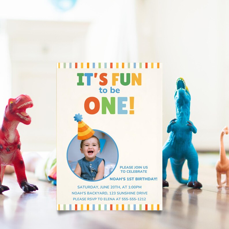 Its Fun To Be One First Birthday Invitation Template, Editable Template Canva, Colorful 1st Birthday, Colorful Invite Template, its fun to be one, colorful 1st bday, 1st birthday son, classic 1st birthday, colorful invite, first birthday boy, 1st birthday invite, fun to be one invite, one is fun invite, colorful birthday, editable template, fun 2 be one invite, fun to be one