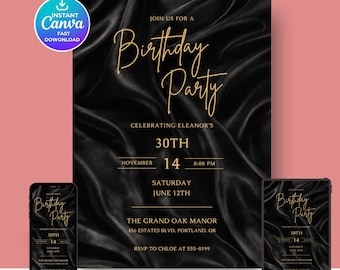 Black & Gold Men’s Birthday Invitation Template | Editable Canva Invite | Luxury Modern Invitation