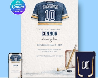 Plantilla de invitación de cumpleaños de hockey / Invitación deportiva editable en Canva / Invitación para fiesta retro / Descarga instantánea