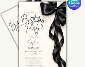 Invitación de cumpleaños editable con lazo negro: Plantilla elegante para fiestas (Descarga digital)