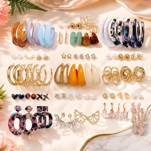 May include: A collection of assorted earrings including resin hoops in amber, blue, and white marble patterns, gold-tone metal hoops, stud earrings with pearls, crystals, and geometric shapes, and dangling butterfly and floral-inspired metal designs.