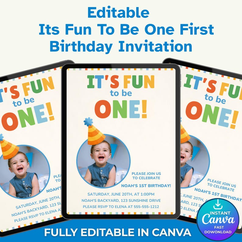 Its Fun To Be One First Birthday Invitation Template, Editable Template Canva, Colorful 1st Birthday, Colorful Invite Template, its fun to be one, colorful 1st bday, 1st birthday son, classic 1st birthday, colorful invite, first birthday boy, 1st birthday invite, fun to be one invite, one is fun invite, colorful birthday, editable template, fun 2 be one invite, fun to be one