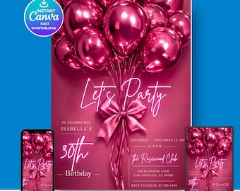 Plantilla de invitación de cumpleaños con globos rosas, invitación editable en Canva, invitación digital para fiestas, para cualquier edad.