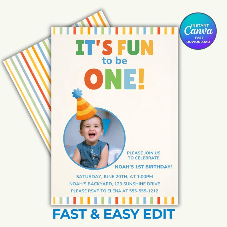 Its Fun To Be One First Birthday Invitation Template, Editable Template Canva, Colorful 1st Birthday, Colorful Invite Template, its fun to be one, colorful 1st bday, 1st birthday son, classic 1st birthday, colorful invite, first birthday boy, 1st birthday invite, fun to be one invite, one is fun invite, colorful birthday, editable template, fun 2 be one invite, fun to be one