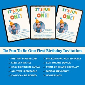 Its Fun To Be One First Birthday Invitation Template, Editable Template Canva, Colorful 1st Birthday, Colorful Invite Template, its fun to be one, colorful 1st bday, 1st birthday son, classic 1st birthday, colorful invite, first birthday boy, 1st birthday invite, fun to be one invite, one is fun invite, colorful birthday, editable template, fun 2 be one invite, fun to be one