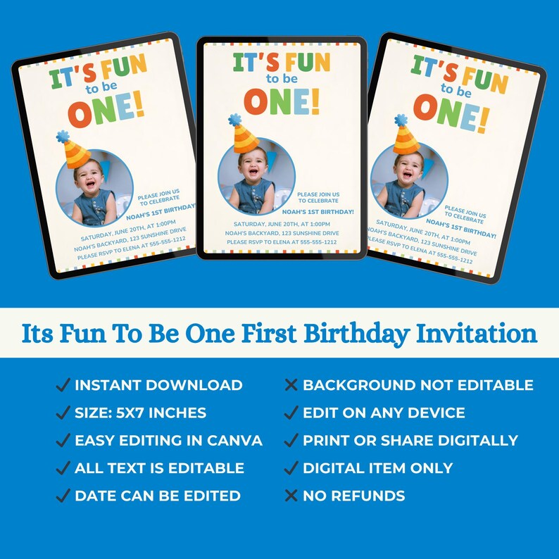 Its Fun To Be One First Birthday Invitation Template, Editable Template Canva, Colorful 1st Birthday, Colorful Invite Template, its fun to be one, colorful 1st bday, 1st birthday son, classic 1st birthday, colorful invite, first birthday boy, 1st birthday invite, fun to be one invite, one is fun invite, colorful birthday, editable template, fun 2 be one invite, fun to be one