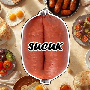 Könnte beinhalten: Ein hängendes Ornament in Form einer Wurst mit weißer Umrandung und einer Schnur an der Oberseite. Die Oberfläche der Wurst ist rotbraun mit einer strukturierten Optik und das Wort SUCUK ist in fetten schwarzen Buchstaben mittig aufgedruckt.