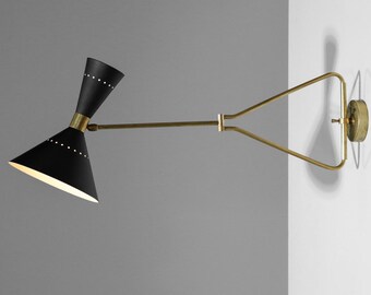 1960s Italian Adjustable Wall Light “Perla” Black Modern Brass Sconce, Luxury Wall Lamp, Elegant Home Decor, Bedroom Lighting Fixture.
