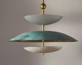 1950s Mid-Century Modern 4-Light Cosmic Pendant – Rusted Brass Flush Mount Ceiling Fixture, Duo Regolith Style Chandelier