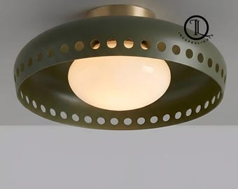 Handmade Mid-Century Modern Brass Flush Mount, Olive Green Ceiling Light with Glass Globe, Italian Style Rare Lamp