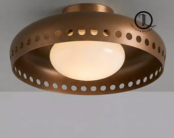 Handmade Mid-Century Modern Brass Flush Mount, Bronze Finish Ceiling Light with Glass Globe, Italian Style Rare Lamp