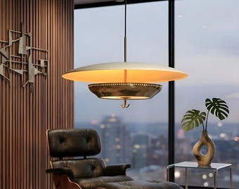 Mid Century Modern UFO Pendant Light, Brass Saucer Chandelier, Vintage 1950s Ceiling Lamp, Kalmar Style Retro Hanging Light