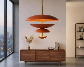 Mid Century Modern Orange Pendant Light, 1950s Space Age Chandelier, Retro Danish Ceiling Lamp, Statement Dining Room Lighting.