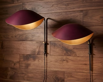 Vintage Adjustable 2-Light Swing Arm Wall Lamp, Burgundy Plug-In Wall Sconce, Mid Century Modern, Inspired by Serge Mouille