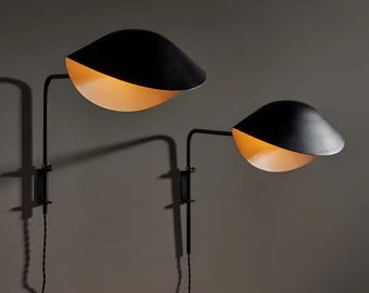 Vintage Adjustable 2-Light Swing Arm Wall Lamp, Black Plug-In Wall Sconce, Mid Century Modern, Inspired by Serge Mouille