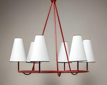 Jean Royere Inspired Circular Six Shade Chandelier | Mid-Century Modern French Ceiling Light