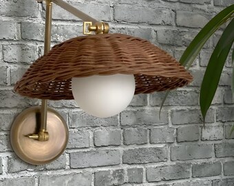 Adjustable Rattan Globe Wall Sconce Brass Swing Arm Light Modern Rustic Wicker Wall Lamp Bedside Reading Light Kitchen Accent Lighting