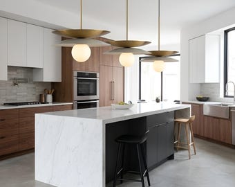 Mid Century Modern Brass Disc Chandelier, Layered Pendant Light with Frosted Globe, Designer Kitchen Island Lighting