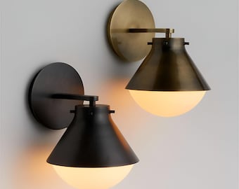 1950s Modern Brass Wall Light | Globe Wall Lamp | Industrial Bedside Reading Light | Bathroom Vanity Light Fixture
