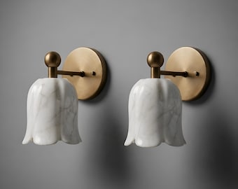 Handmade Mid Century Modern Brass Ruffle Alabaster Flower Shade Wall Sconce Marble Wall Light Scandinavian Lighting Fixture Art Deco Lamp