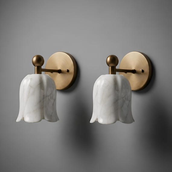 Handmade Mid Century Modern Brass Ruffle Alabaster Flower Shade Wall Sconce Marble Wall Light Scandinavian Lighting Fixture Art Deco Lamp