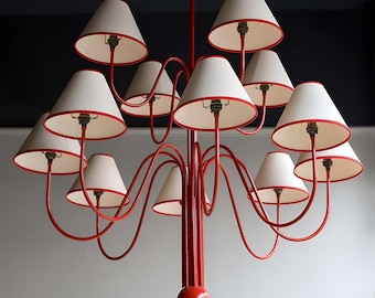 Red Lacquered Tubular Steel Chandelier, style of Jean Royere