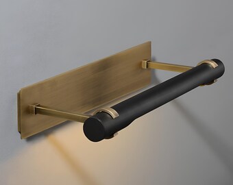 Vintage Modern Painting Light Raw Brass Base Cylindrical Shade Italian Stilnovo Style Wall Art Lamp Mid Century Picture Light Fixture.