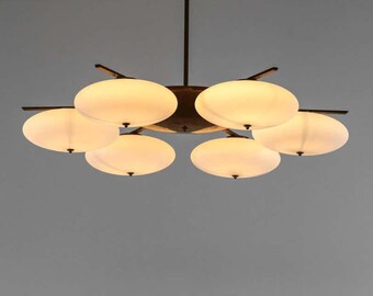1950's Mid Century Raw Brass Sputnik Italian Kalmar Ceiling Flush Mount 6 Light Opaline Lily Chandelier Stilnovo Style Light Fixture