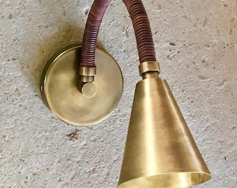 Handmade Leather & Raw Brass Wall Sconce: Mid-Century Modern Bedside Lamp.