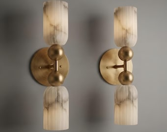 Mid Century Modern Handmade Alabaster Brass Wall Sconce Marble Wall Light Double Fixture Scandinavian Lighting Fixture Art Deco Lamp