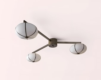 Konekt Rib Chandelier – Mid Century Italian Brass Flush Mount Ceiling Light, 3 or 6 Light Pendant, Vintage Low Ceiling Fixture