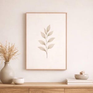 Minimalistisk botanisk väggkonst, beige lövtryck, neutral japansk affisch, skandinavisk utskrivbar konst