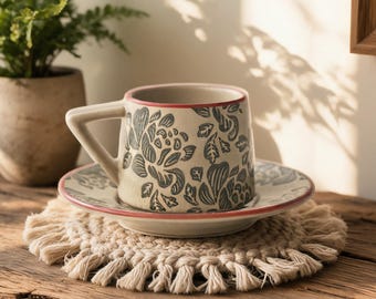 Vintage Floral Ceramic Cup and Saucer Set, Crackle Glaze Tea Cup, Geometric Handle Coffee Cup, Botanical Drinkware, Retro Espresso Set