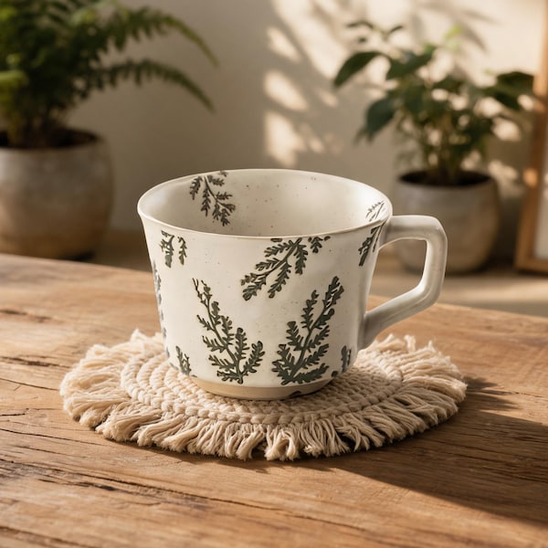320ml Willow Leaf Mug, Botanical Ceramic Cup, Rustic Speckled Coffee Mug, Earthy Cottagecore Gift, Plant Mom Handmade Style Tea Cup