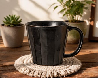 Black Textured Ceramic Cup, Minimalist Vertical-Striped Tea Cup, Matte Black Coffee Cup, Wabi Sabi Espresso Tumbler, Modern Japanese Pottery
