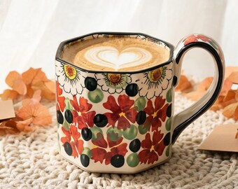 Faceted Floral Ceramic Cup, Octagon Hand Painted Coffee Cup, Red Flower Folk Art Tea Cup, Botanical Espresso Tumbler, Barista Drinkware