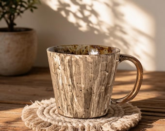 Rustic Textured Ceramic Cup, Brushed Glaze Coffee Cup, Wabi Sabi Tea Cup, Handmade Pottery Tumbler, Artisanal Drinkware, Earthy Stoneware