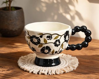 Vintage Floral Goblet Cup, Black Botanical Ceramic Cup, Beaded Handle Tea Cup, Pedestal Coffee Cup, Retro Drinkware, Unique Barista Gift