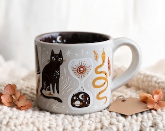 Celestial Witchcraft Ceramic Cup, Mystical Black Cat Tea Cup, Occult Snake Coffee Cup, Gothic Witchy Tumbler, Spooky Home Decor, Tarot Gift