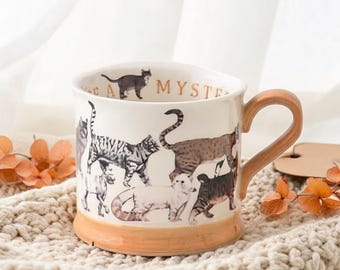 Cat Ceramic Cup, Vintage Kitten Coffee Cup, Feline Animal Tea Cup, Illustrated Pet Tumbler, Cat Lover Gift, Whimsical Drinkware
