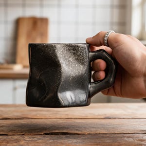 May include: A black ceramic mug with a unique, textured surface and a distinctive handle. The mug has a speckled, speckled appearance and is held by a hand. The mug is designed for hot beverages.