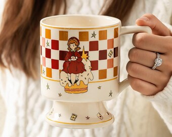 Storybook Girl Ceramic Cup, Pedestal Tea Cup, Anime Style Coffee Cup, Checkered Tumbler, Whimsical Illustration Gift, Collectible Cup