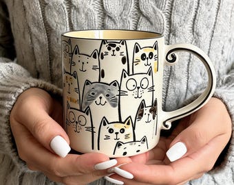 Jumbo Cat Doodle Mug, 700ml Oversized Coffee Cup, Whimsical Cartoon Kitten Soup Bowl, Large Hand-Drawn Ceramic Gift, Microwave Safe, 24oz