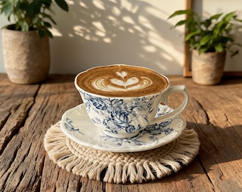 Blue Floral Cup and Saucer Set, Vintage Chinoiserie Tea Cup, Scalloped Ceramic Coffee Cup, French Country Latte Cup, Grandmillennial Set