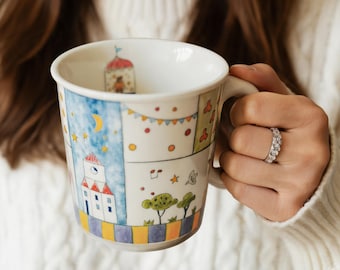 Whimsical Village Ceramic Cup, Storybook Circus Tea Cup, Pastel Watercolor Coffee Cup, Hand Painted Tumbler, Cute Fairy Tale Drinkware